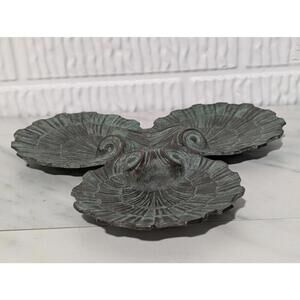 Decorative Triple Shell Shaped Brass Patina Plant Saucer Tray/Candy Dish